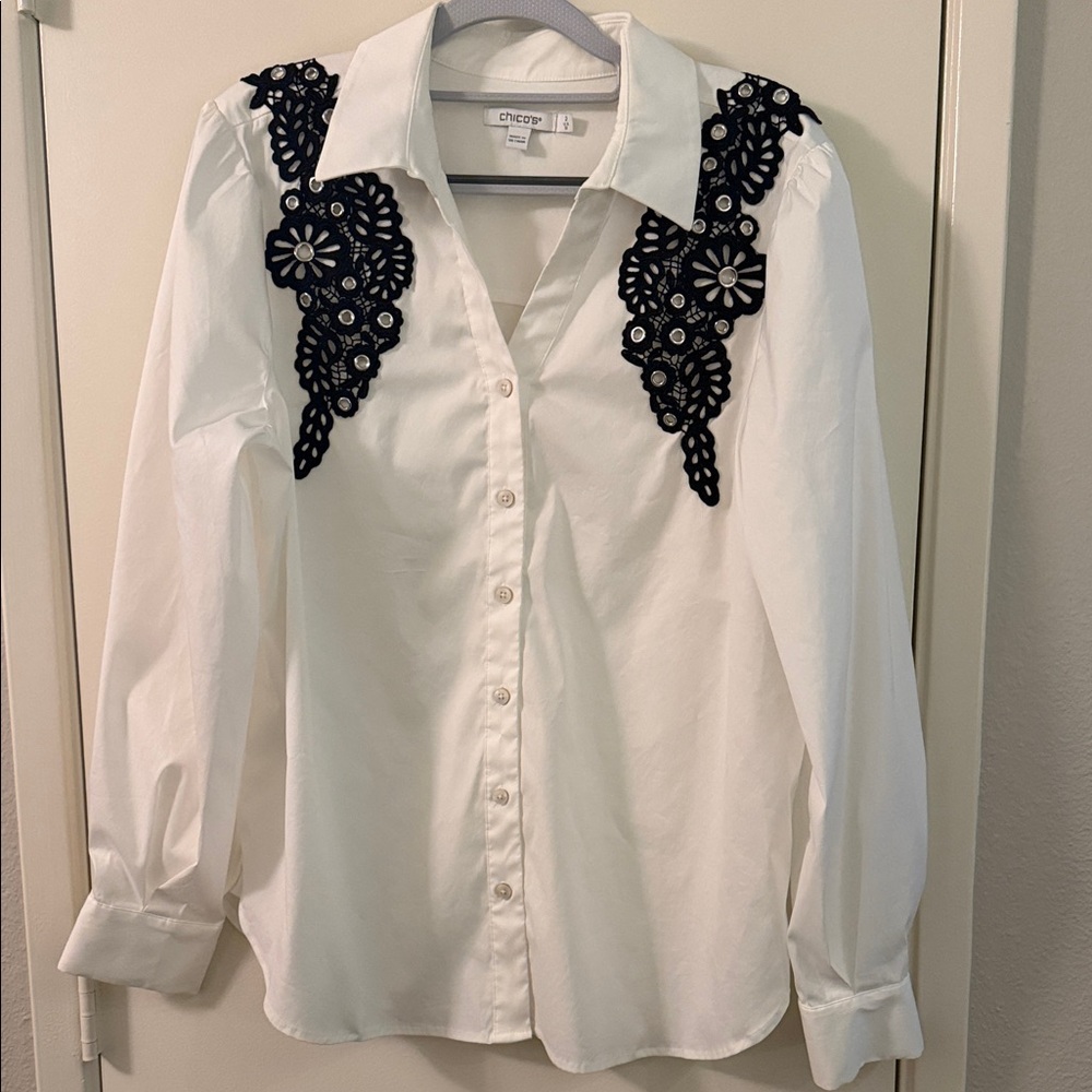 Chico's White Button-Down Shirt with Black Lace Shoulder Appliqués